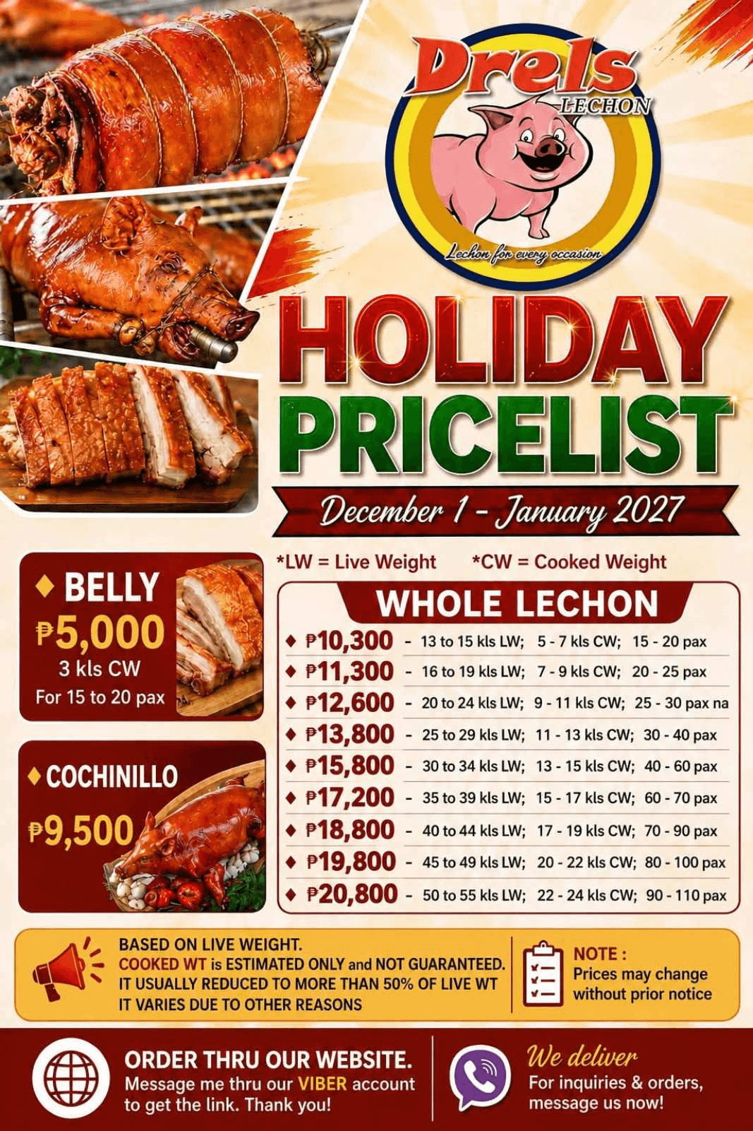 Drel's Lechon holiday whole lechon sizes and prices for December 2026 through January 1, 2027