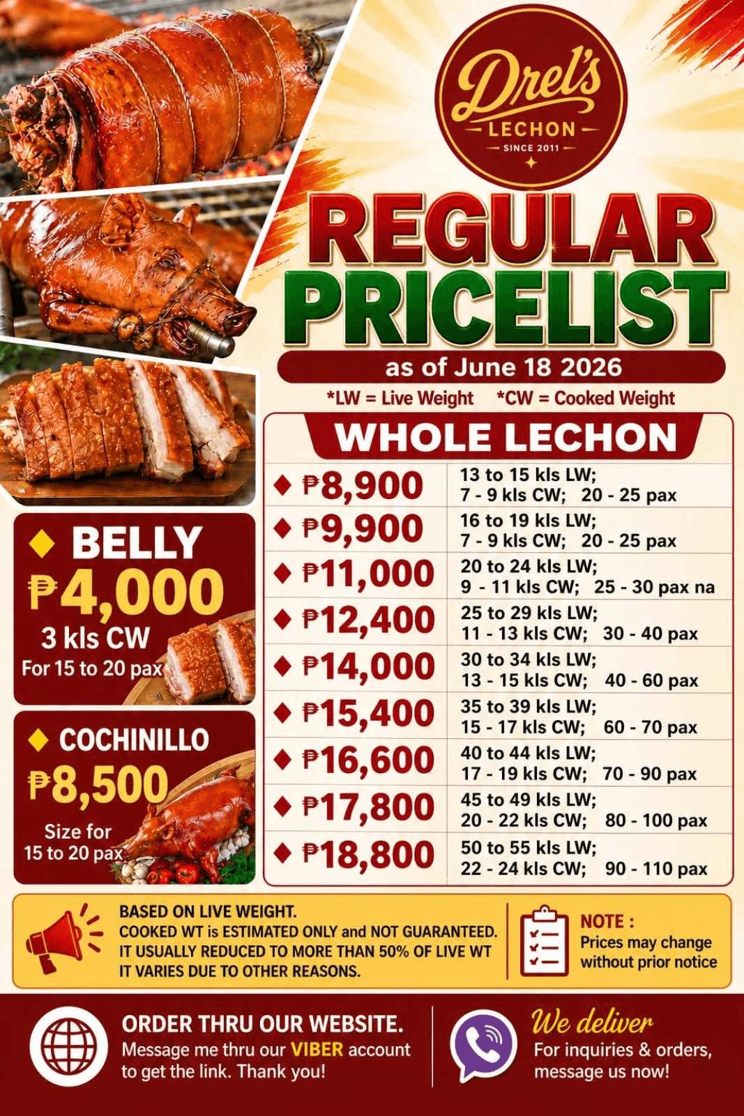 Drel's Lechon regular whole lechon sizes and prices