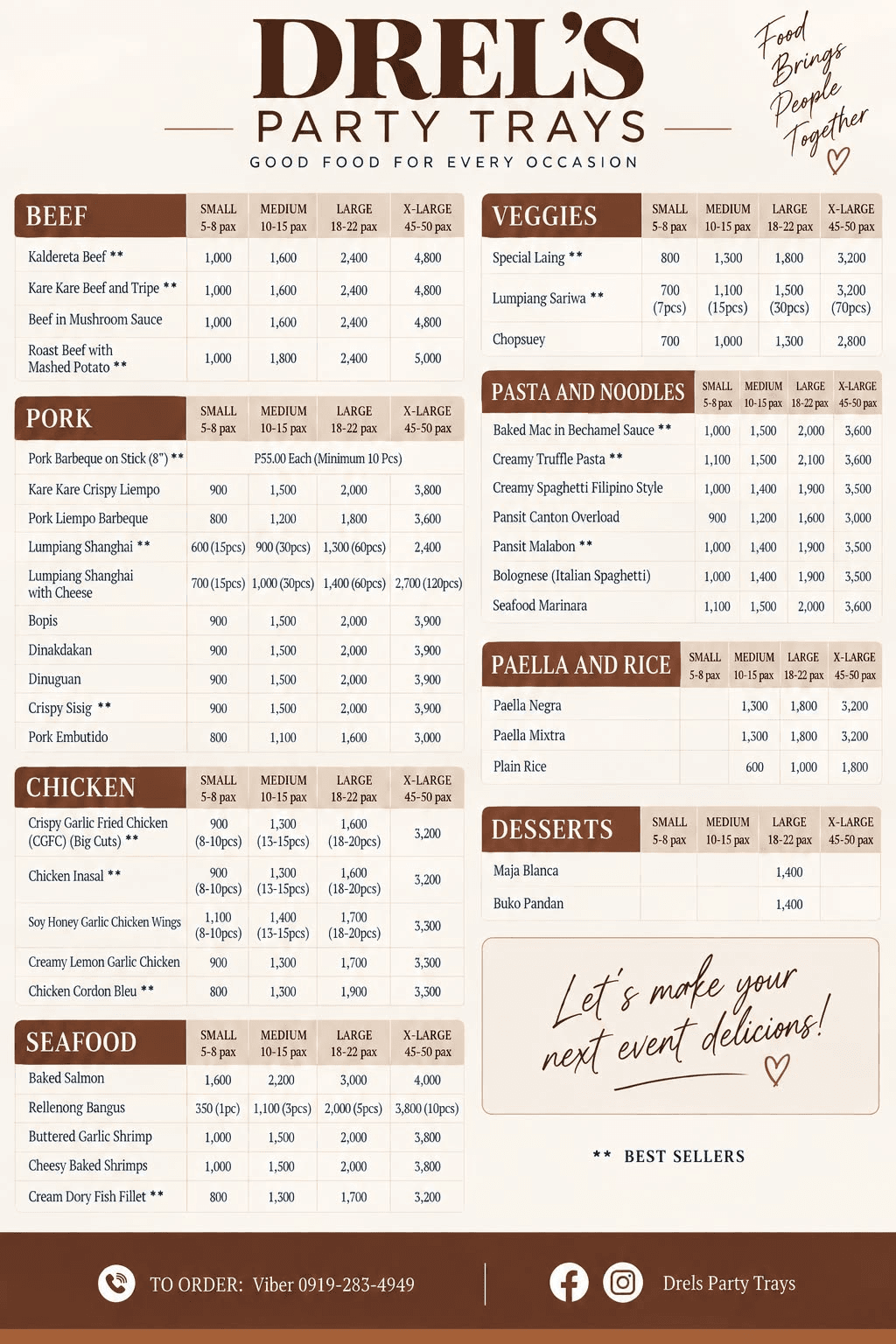 Drel's Party Trays menu with small, medium, large and extra-large prices